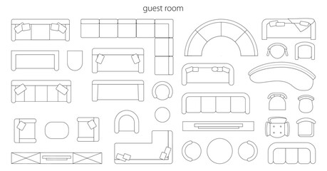 Guest room furniture for interior design plan. Vector flat cartoon, schematic top view. Isolated objects for living space, sofa with cushions, armchairs and console for tv set, table and chairs