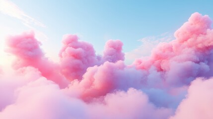 Dreamy pastel pink cotton candy clouds against soft blue sky