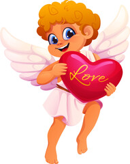 Valentines day cherub cupid angel character with a heart. Cartoon vector winged personage holding a red heart. Cute and playful Amour embodies love, joy and romance for romantic event celebrations