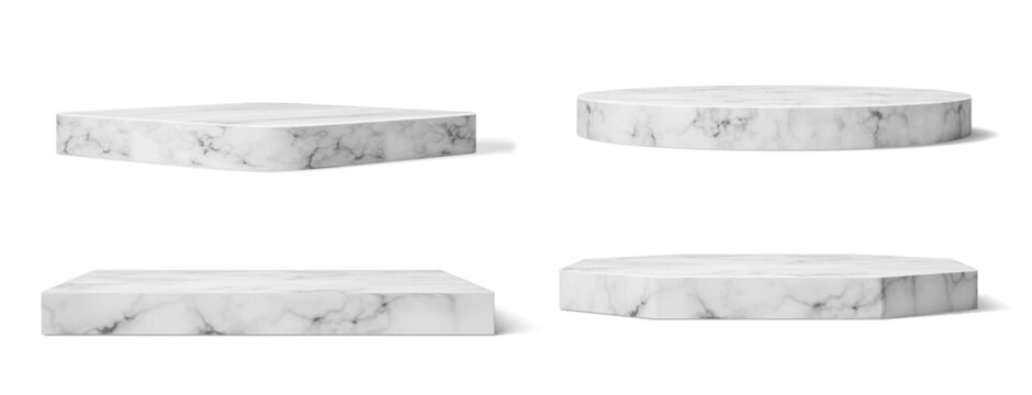 Realistic marble podium stands, square and round column platforms, isolated 3D vector. Exhibition podium stage or display pedestal and product showcase with white black marble stone texture