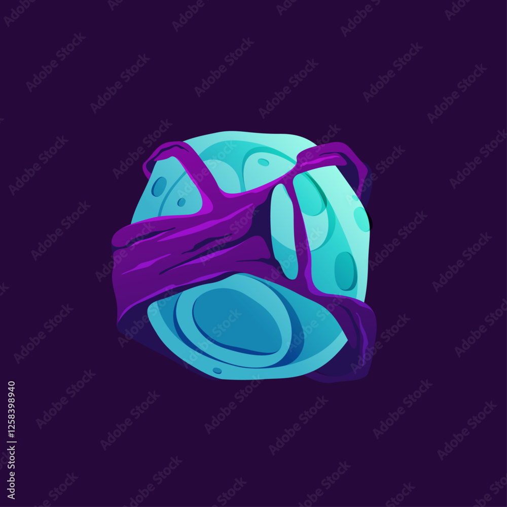 Poster Neon energy ball with stone or tree obscuring core. Vector isolated magic globe, round sphere for game design. Planet with crystal texture surface, celestial body for space, teleportation effect