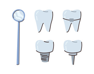 Stomatology and dental care set. Vector isolated types of tooth implants and mirrors. Brackets and veneers, mirror for examination of cavities. Clinic or hospital tools and treatment options
