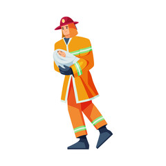 Fireman saving newborn baby from fire, isolated hero man with kid. Vector flat cartoon character, firefighter in uniform dealing with emergency, putting out flames and eliminating danger