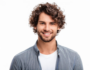 portrait of a handsome young man curly brunette hair smiling on white background