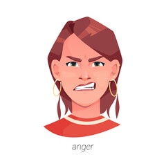 Anger facial expression of woman with frowning brows and open mouth showing teeth. Vector isolated flat cartoon character with mimics and emotion of rage or fury, annoyance or irritation