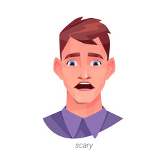 Scary, facial expression of man personage gasping and raising brows in frightened manner. Vector isolated flat cartoon character looking at cause of fear. Scared young guy with open mouth