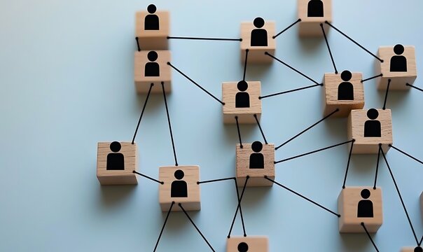People on wooden blocks connected with black lines, representing socializing and networking in business and personal life ,


