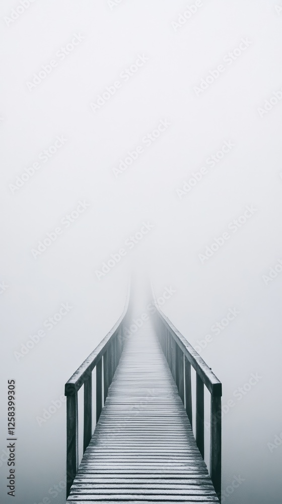 Poster wooden pier disappearing into the thick fog representing the concept of fobo, fear of better option,