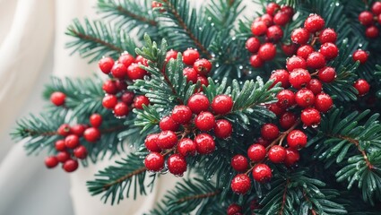 Fototapeta premium Festive close up of evergreen branches with vibrant red berries.