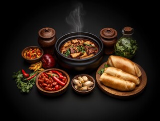 Authentic Sudanese Cuisine Displayed with Colorful Ingredients and Aromatic Stew in a Rustic Setting