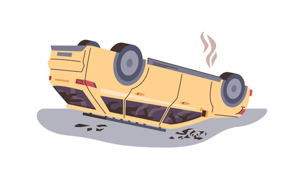 Traffic accident, isolated rollover car with smokes starting to burn. Vector icon of damaged automobile with shuttered glass of windows. Incident and danger to driver and passengers, road event
