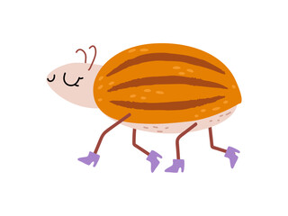 Funny striped colorado potato beetle insect wearing shoes, isolated smiling leptinotarsa decemlineata walking. Vector garden plant pest, harmful bug insect agriculture, fly parasite animal with wings