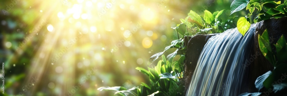 Poster Waterfall cascading over rocks surrounded by greenery on a sunny day with soft sunlight filtering through branches. Generative AI