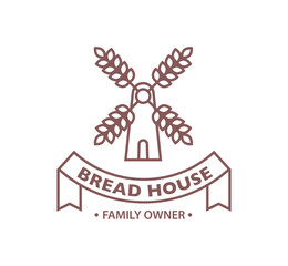 Bread house logotype, family owner business. Vector isolated simple logo with mill and wheat ears, a banner ribbon with copy space. Baker production and local organic producers of pastry