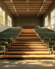 Empty auditorium with wooden seating and light.