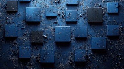 Contemporary minimalist composition with scattered squares on Blue background. Featuring white space in the center for text, ideal for design templates and modern banners.