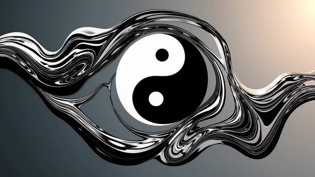 A dynamic video concept featuring a swirling yin-yang symbol. The top-down angle enhances the fluid, abstract style with a sense of balance.