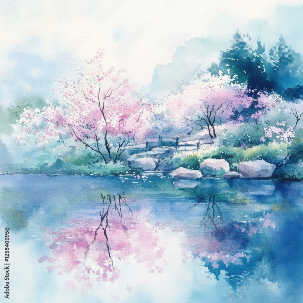 Aufkleber soft pastel colors create a serene lakeside view with blooming cherry blossom trees reflecting on th