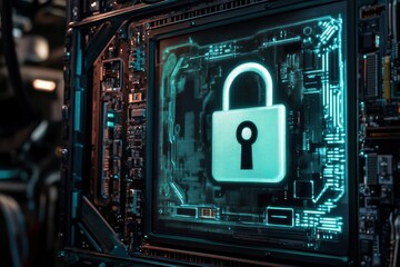 Digital lock symbolizing data security in a high-tech environment with electronic circuits
