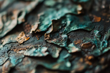 Macro shot of oxidized brass, green and brown patina spreading across the metallic surface.