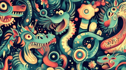 Obraz premium Vibrant and Colorful Illustration of Mythical Creatures and Fantasy Elements Set Against a Dark Background for Creative Projects