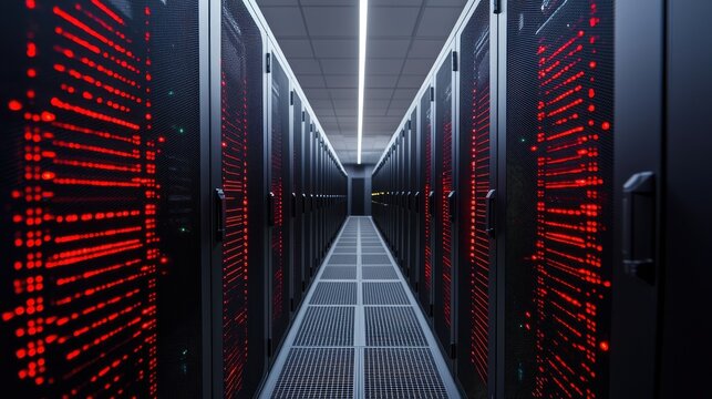 A high-tech server room with rows of black cabinets illuminated by red lights, showcasing a modern data center setup.