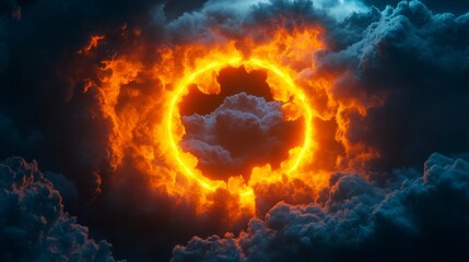 Bright orange neon ring surrounding an abstract cloud, casting a warm glow on a sky generative ai