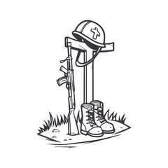 Fallen soldier memorial silhouette. American Independence or Memorial day Vector Clipart Illustration background.