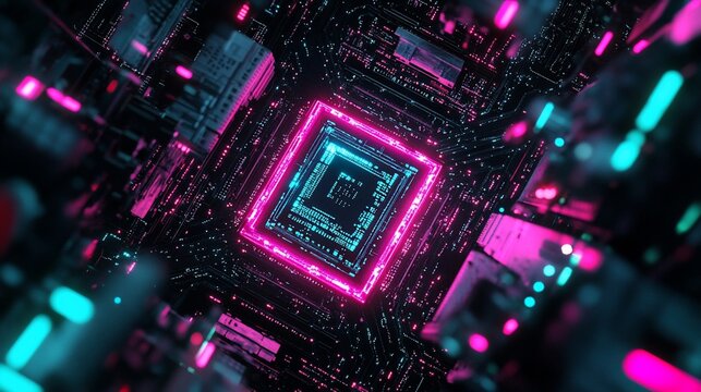 Abstract digital circuit board with glowing neon pink and teal lines, creating a futuristic technological tunnel effect.