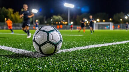 Soccer ball on a field at night with players in the background.
