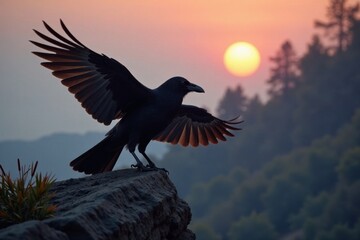 Fototapeta premium Perched crow silhouette in flight, black and white, , bird silhouettes