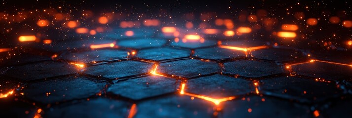 Glowing hexagonal texture with vibrant colors and brilliant lighting effects at close range