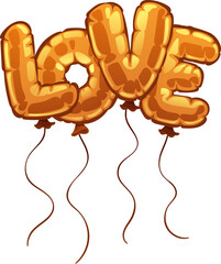 Valentines day love balloons. Cartoon gold balloon spelling the word love for celebration. Vector vibrant letters floating in air convey romance, joy and festivity for dating or special occasion event