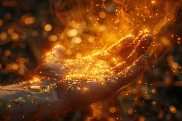 Close-up of Jesus Christ’s hand reaching out, surrounded by golden light, symbolizing divine guidance, faith, and spirituality