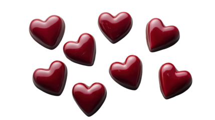 Nine red hearts floating on transparent background representing love and romance