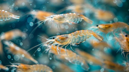 A lively group of shrimp moves energetically through a sparkling, clear body of water, highlighting their transparent bodies and intricate details in soft sunlight.