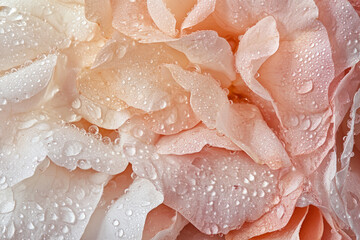 Macro shot of rose petals covered in morning dew, soft and translucent with droplets adding a touch of freshness.