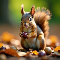 Obraz premium Playful squirrel playing with acorns, nuts, squirrels, animals