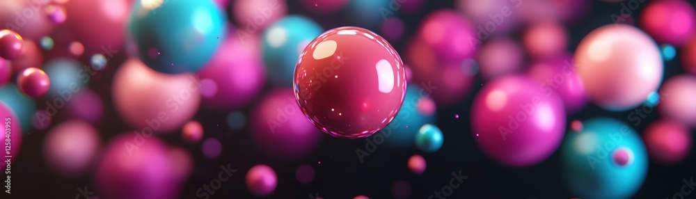 Poster colorful abstract spheres float in a dark space, creating a vibrant visual effect.