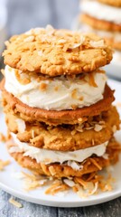Stacked toasted coconut cookies with cream filling on white plate