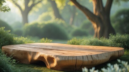 Natural wooden platform in a serene outdoor setting during daylight hours