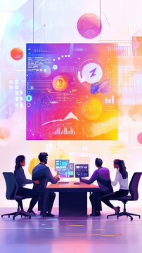 Diverse Business Team Discusses Cryptocurrency Data in Modern Office