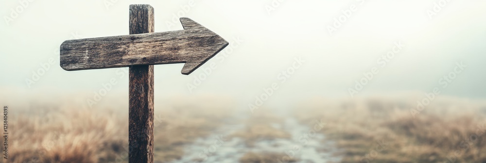 Poster wooden arrow sign is pointing towards a foggy path into the unknown, symbolizing choices, directions