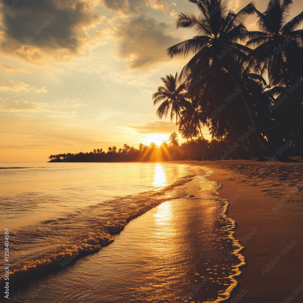 Aufkleber Sunset over a serene beach with palm trees and gentle waves creating a tranquil evening atmosphere. Generative AI