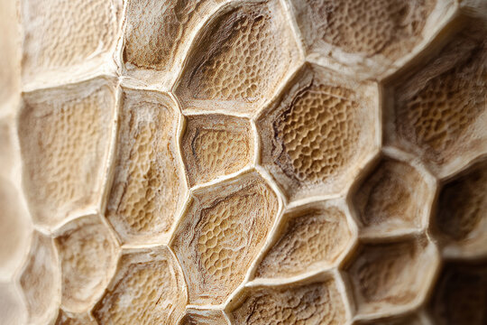 Macro shot of sea turtle shell texture, smooth yet bumpy with intricate, natural patterns and earthy tones.
