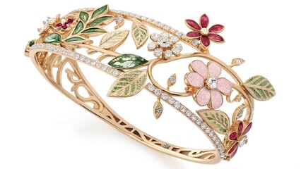 a gold bracelet adorned with floral and leaf designs, 