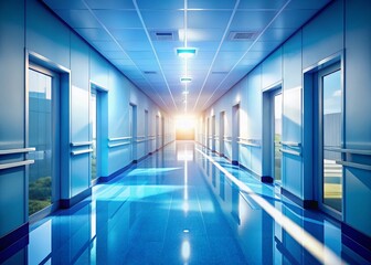 Obraz premium Serene Blue Hospital Hallway: Calm Medical Interior Stock Photo