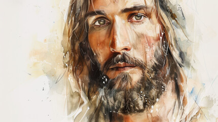 Watercolor portrait of Jesus Christ with a gentle and serene expression in warm beige tones and soft light effects
