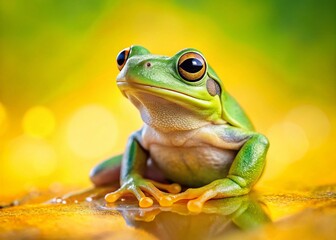 Adorable Green Frog on Pastel Yellow Background - Panoramic Cute Amphibian Stock Photo