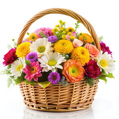 Fototapeta premium beautiful basket with colorful summer flowers bouquet on the white background
